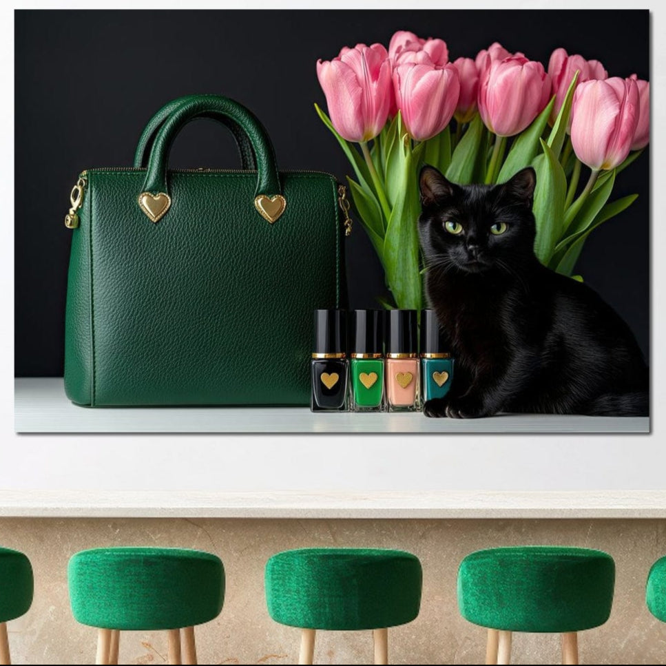 tablou canvas cu o pisica neagra langa o geanta verde smarald si sticlute de oja, pe fundal negru cu un buchet de lalele roz