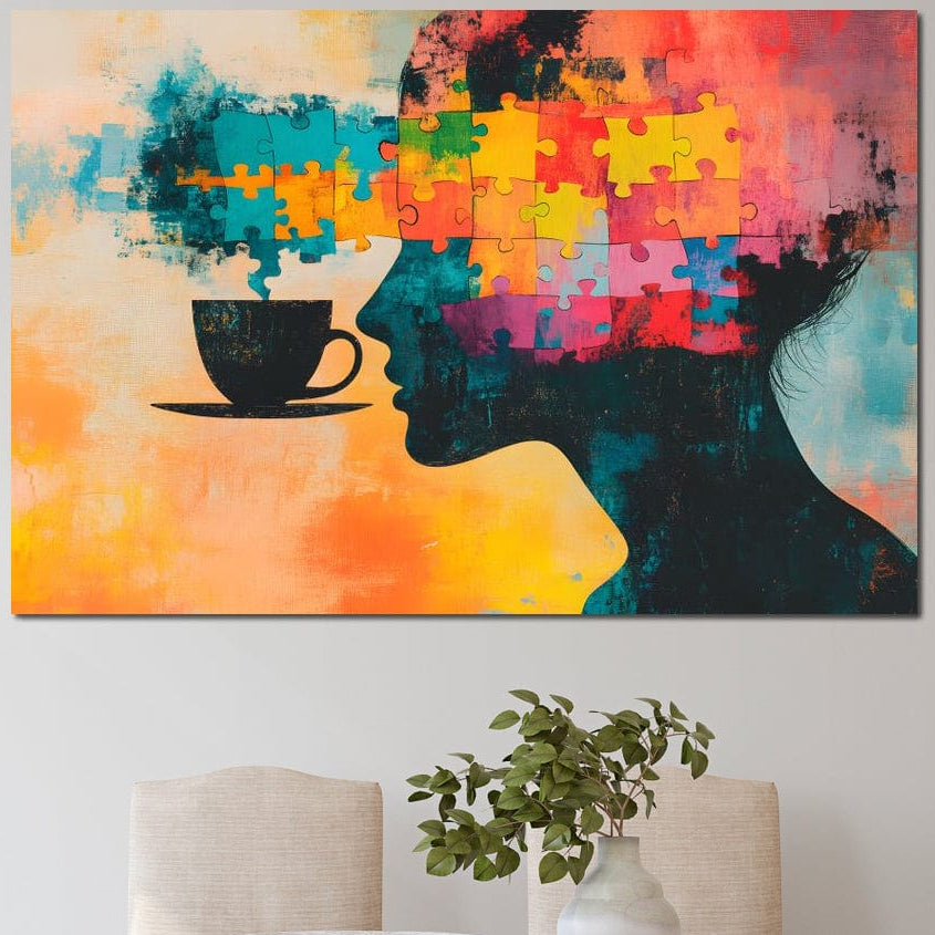 tablou canvas cu silueta unei femei, compusa din piese de puzzle multicolore, langa o ceasca neagra cu cafea, pe fundal pictat in culori vibrante