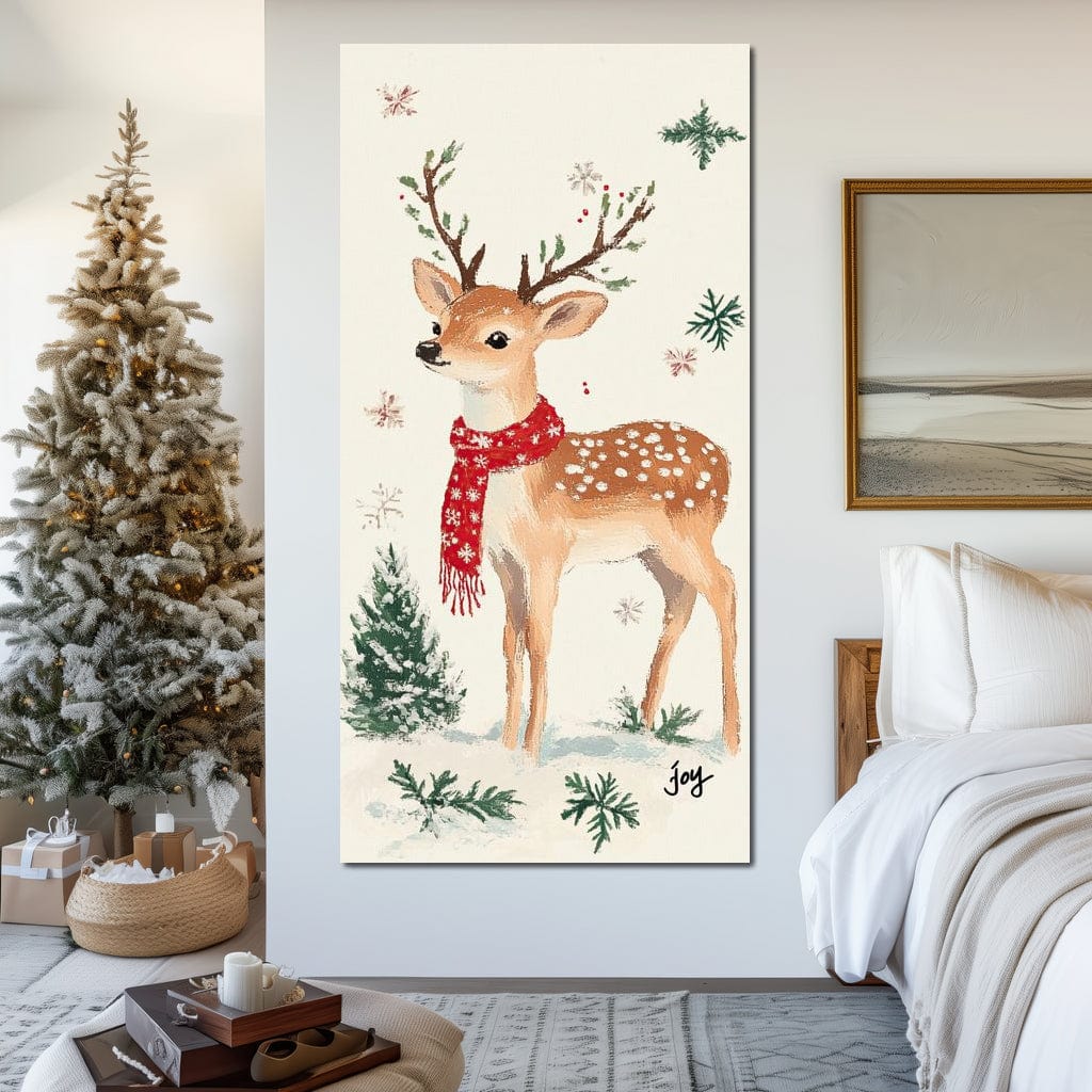 Tablou Canvas Premium LuxCanva® D1049, Povestea Renului cu Fular Rosu ,  Ren, Brad, Fular, Rosu, Zapada, Living Room, Culori vibrante