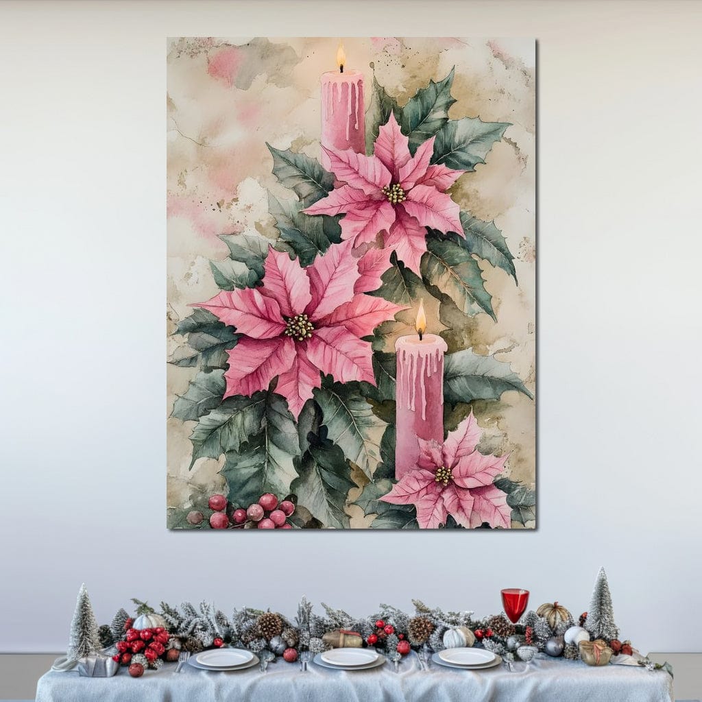 Tablou Canvas Premium, LuxCanva® D1076, Floarea Craciunului Roz, Poinsettia, Lumanari, Aprins, Craciun, Flori, Festiv, Roz, Verde, Magie, Caldura, Petale, Décor, Lumina, Camera Copil, Living, Dormitor