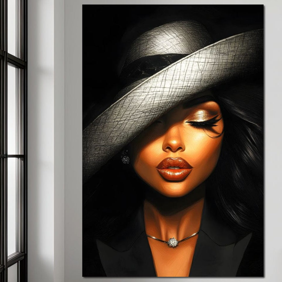 Tablou Canvas Premium, LuxCanva® G1181, Doamna cu Palarie de Argint, Lemn, Eleganta, Glamour, Enigmatica, Noblete, Editorial, Tacere, Arta, Fashion, Sarm, Icon, Chip, Birou, Living, Dormitor