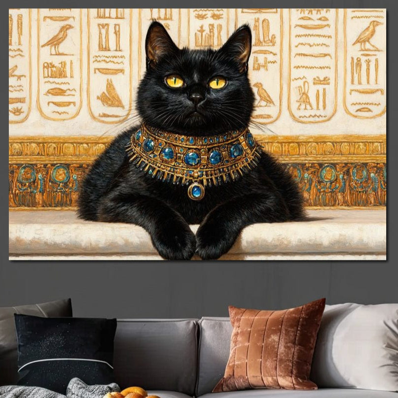 tablou canvas cu o pisica neagra purtand o bijuterie in stil egiptean, pe fundal cu hieroglife aurii