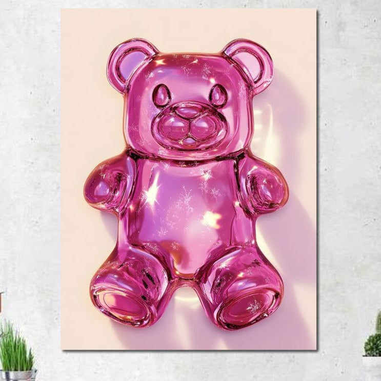 tablou canvas cu un jeleu sub forma de ursulet roz stralucitor, pe fundal deschis
