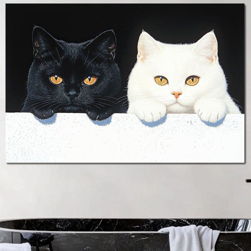 tablou canvas cu o pisica alba si una neagra, ascunse dupa un perete alb pe fundal negru