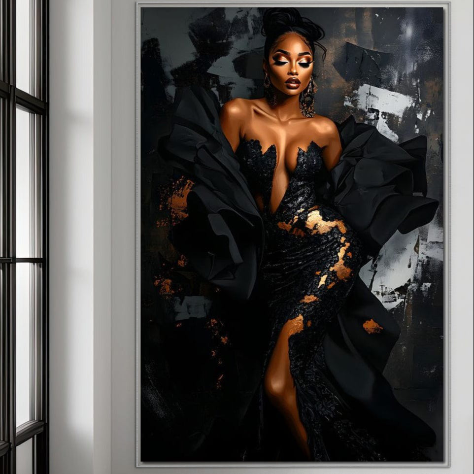 Leinwand Wandkunst Canvas Premium, LuxCanva® G1196, Königin Couture, Eleganz, Flamme, Schwarz, Kleid, Nacht, Tanz, Samt, Glühen, Mythologie, Abgrund, Anmut, Vogue, Büro, Wohnen, Schlafzimmer