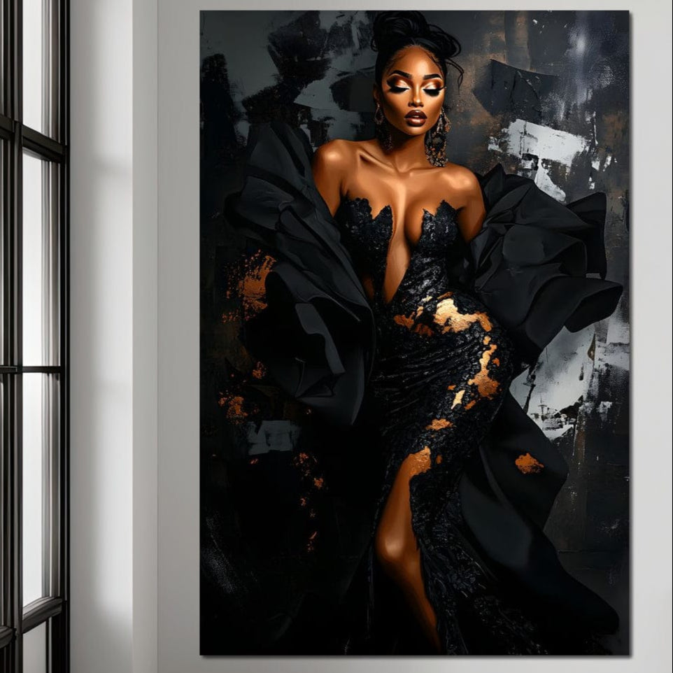 Tablou Canvas Premium, LuxCanva® G1196, Regina Couture, Eleganta, Flacara, Negru, Rochie, Noapte, Dans, Catifea, Incandescenta, Mitologie, Abis, Gratie, Vogue, Birou, Living, Dormitor