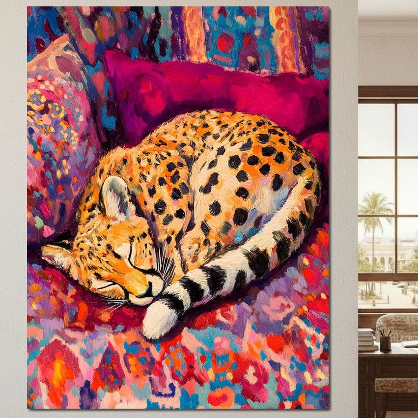 Redescoperă calmul cu Tablou Canvas Premium LuxCanva® M1492: o operă de artă vibrantă cu un ghepard adormit pe perne colorate, perfectă pentru dormitor, camera de zi sau birou. Imprimare premium pe pânză de bumbac pentru o atingere caldă, boemă.