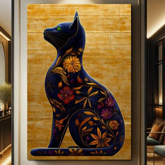 tablou canvas cu o pisica albastra, decorata cu flori in nuante aurii si violet, pe fundal texturat de lemn