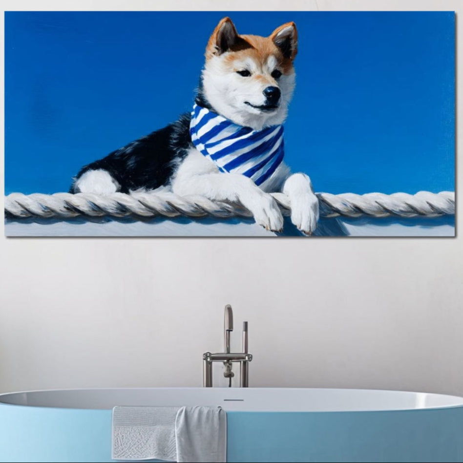 tablou canvas cu un caine shiba inu, purtand o esarfa marinareasca, sprijinit pe o franghie groasa pe fundal albastru