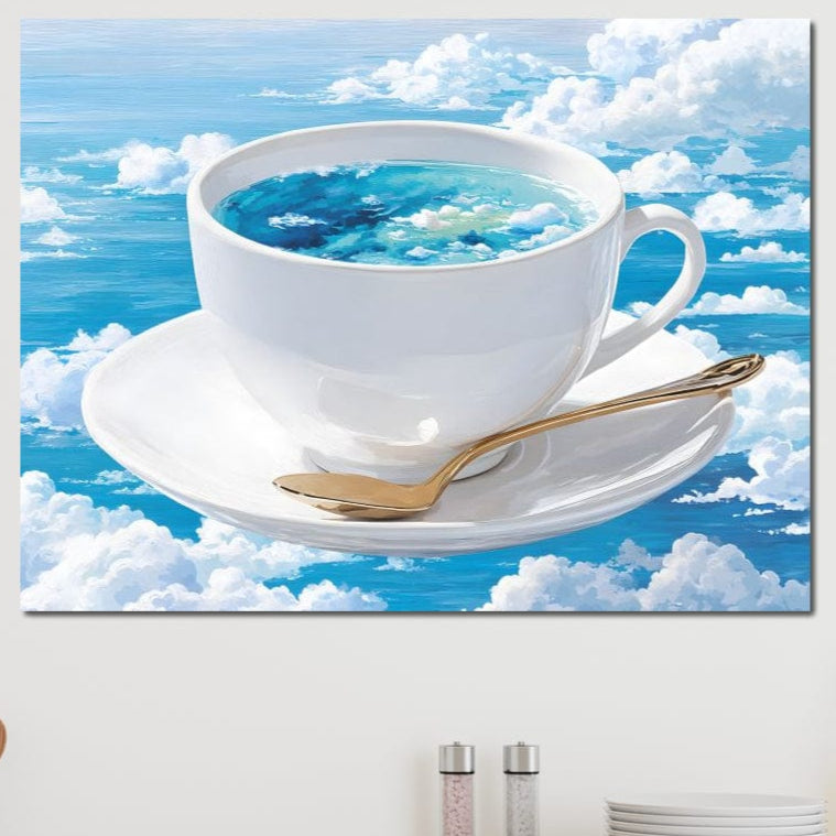 Descoperă Tablou Canvas Premium LuxCanva® N1067: "Cafea printre Nori" - ceasca de espresso cu lichid albastru și nori, pentru un efect dreamy, ideal în bucătărie, cafenea sau lounge. Calitate premium de la LuxCanva®.