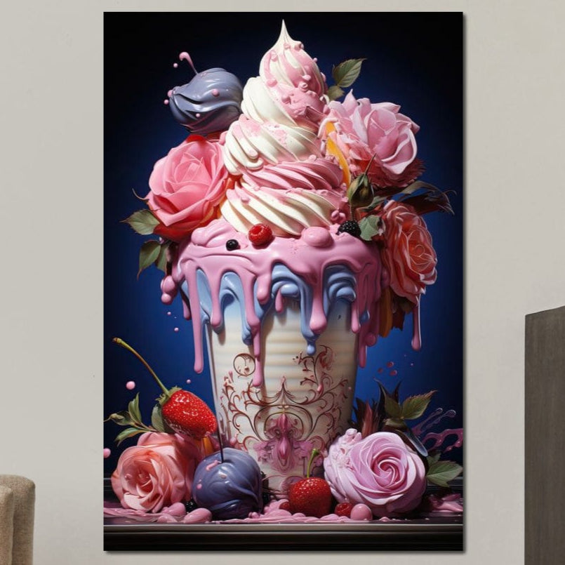 tablou canvas cu un pahar cu inghetata glazurata, bezele cu fructe si trandafiri roz