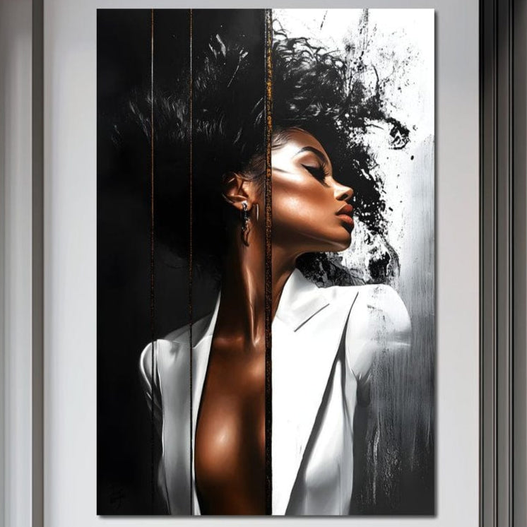 Tablou Canvas Premium, LuxCanva® G1182, Forta Feminitatii, Alb, Negru, Stil, Eleganta, Armonie, Lux, Urban, Auriu, Blazer, Par, Portret, Dinamism, Fashion, Birou, Living, Dormitor