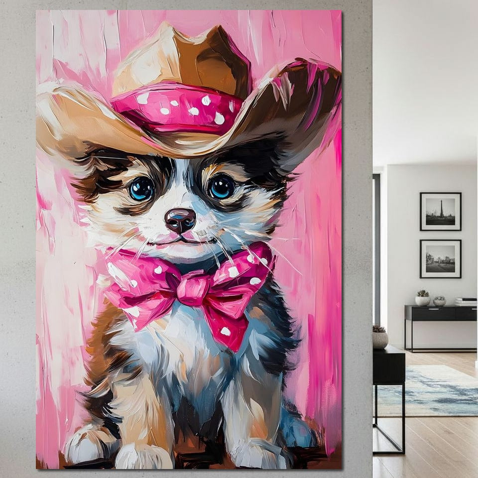 tablou canvas cu un catelus cu palarie de cowboy si fundita roz cu buline, pe fundal pictat in nuante deschise de roz