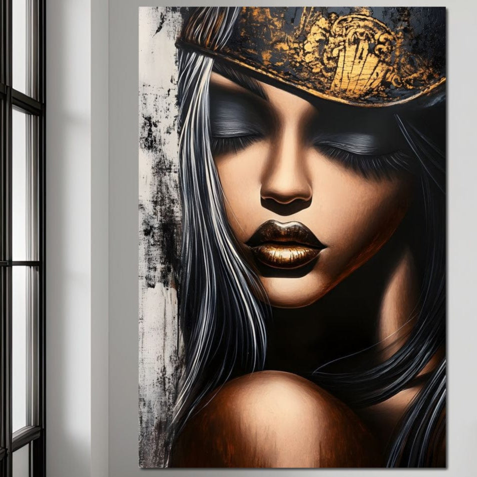 Tablou Canvas Premium, LuxCanva® G1184, Linistea Reginei, Imperial, Tacere, Aur, Meditatie, Regat, Coroana, Sclipire, Buze, Mister, Estetica, Opulenta, Lux, Birou, Living, Dormitor