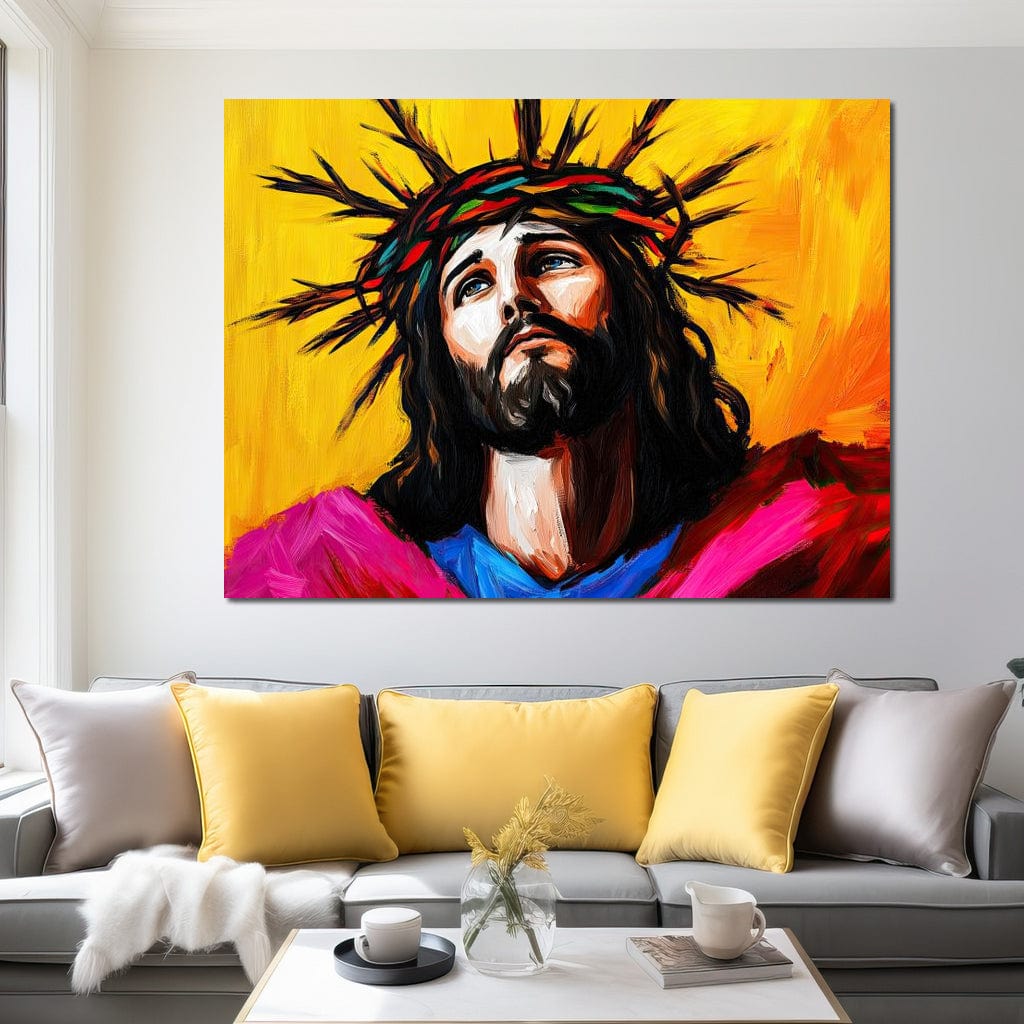 Tablou Canvas Premium LuxCanva® H1053, Sacrificiu Divin, Iisus, Contemplare, Pace Interioara, Coroana de Spini, Cer, Chip, Arta Religioasa Moderna, Living, Dormitor