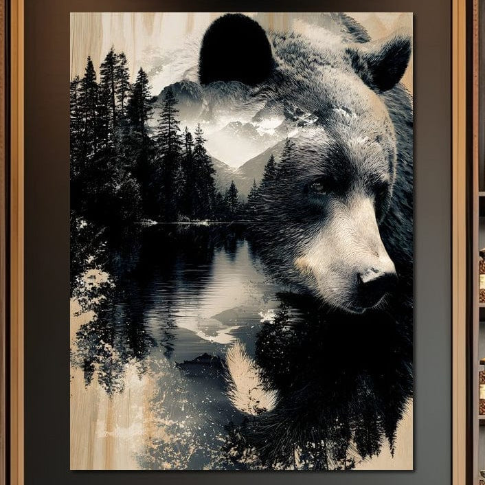 tablou canvas cu silueta unui urs, in paralel cu un peisaj din natura, cu priveliste catre lac si munti