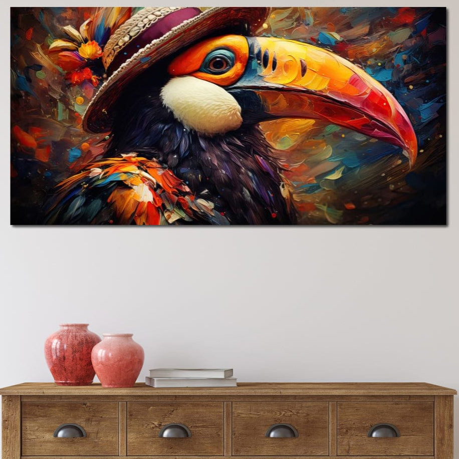 tablou canvas cu un tucan colorat cu palarie, pe fundal abstract vibrant