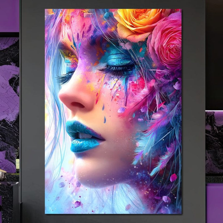 Tablou Canvas Premium, LuxCanva® G1164, Fantezie Florala, Cromatic, Culori, Vis, Explozie, Emotii, Floral, Pleoape, Albastre, Pene, Machiaj, Par, Artistic, Salon, Birou, Living, Dormitor