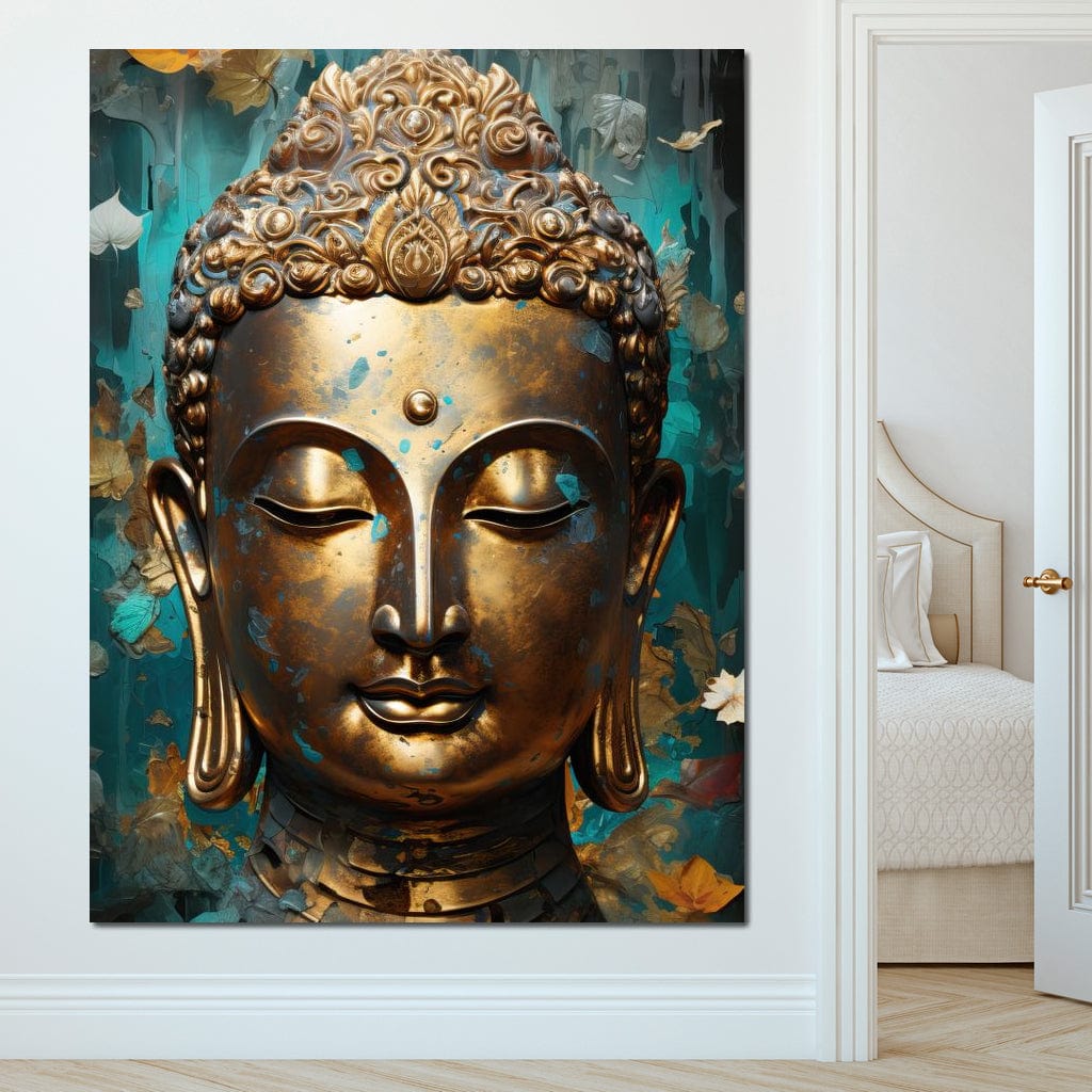 Tablou Canvas Premium LuxCanva® I127, Regal Zen, Buddha, Meditatie, Spiritualitate, Armonie, Pace Interioara, Echilibru, Eleganta, Frunze, Turcoaz, Gold, Living, Dormitor