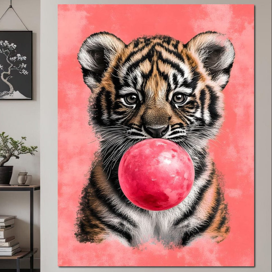 tablou canvas cu un pui de tigru cu un balon de guma pe fundal roz