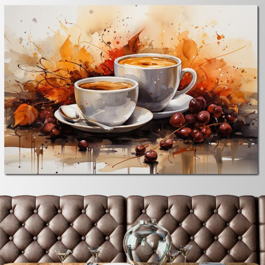 tablou canvas cu doua cesti cu cafea, printre frunze aramii de toamna si boabe de cafea