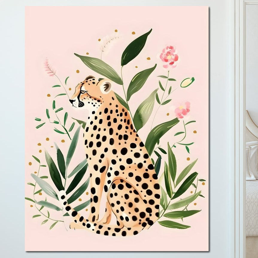 tablou canvas cu un leopard printre frunze intr-o pictura abstracta, pe fundal in culori pastelate