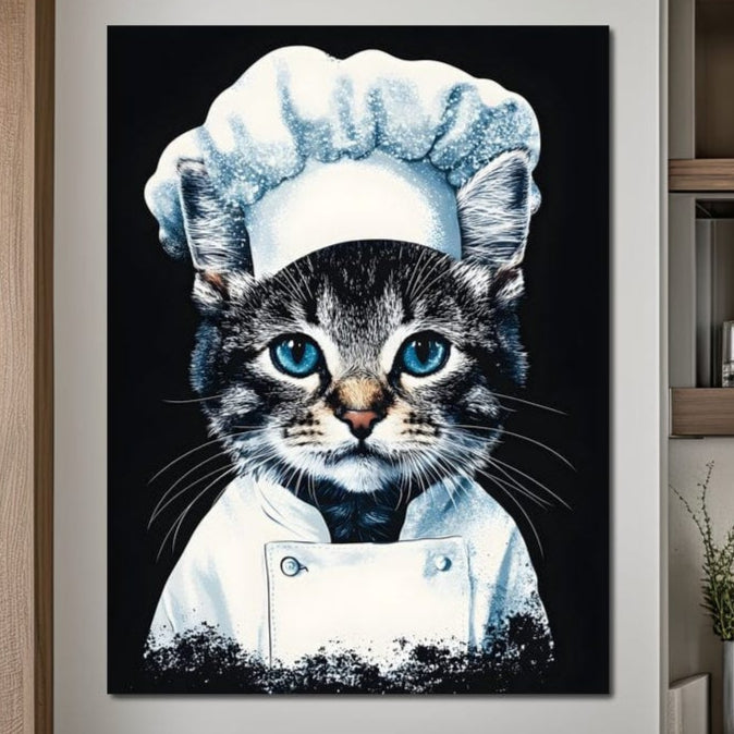 tablou canvas cu o pisicuta cu ochi albastri imbracata in bucatar, pe fundal clasic negru  