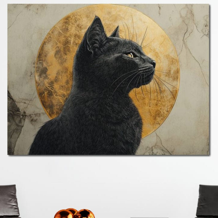 tablou canvas cu o pisica neagra, surprinsa din profil, pe fundal texturat de marmura cu Luna Plina