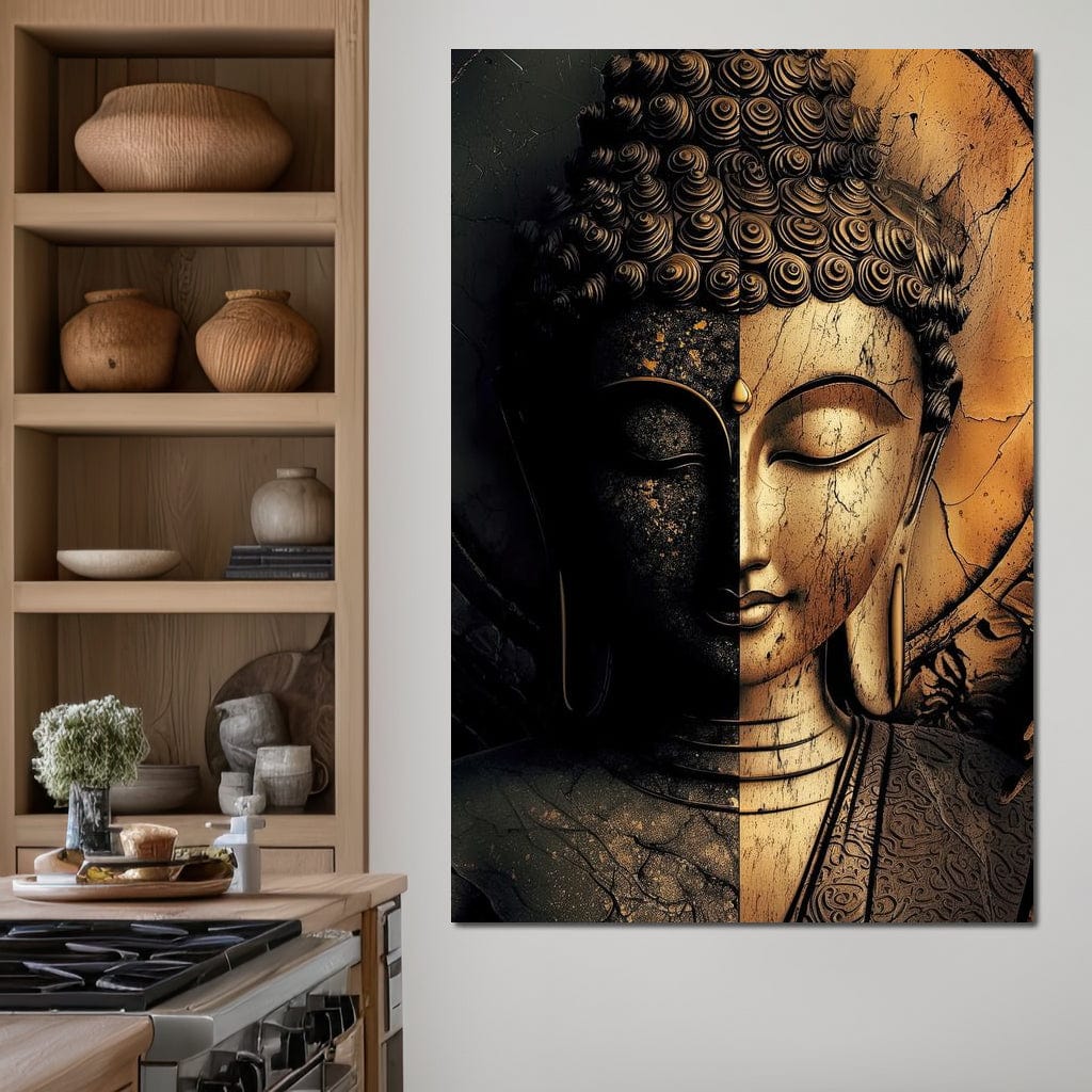Tablou Canvas Premium, LuxCanva® I143, Lumini si Umbre, Buddha, Zen, Dualitate, Iluminare, Echilibru, Timp, Energie, Meditatie, Liniste, Gold, Marmura, Living, Dormitor