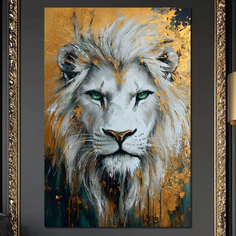 tablou canvas cu un chip de leu alb, pe fundal abstract cu accente aurii si negre