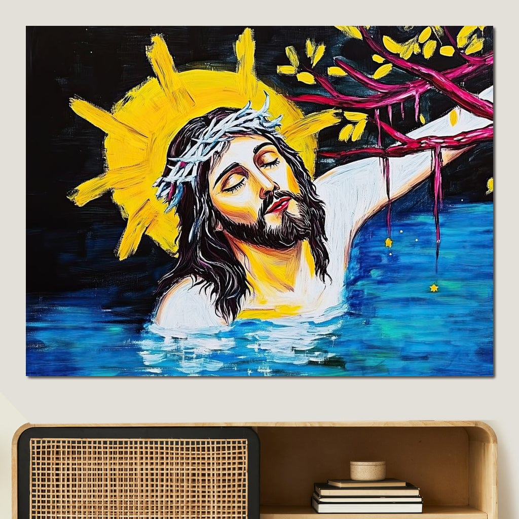 Tablou Canvas Premium LuxCanva® H1054, Jertfa si Lumina, Iisus, Sacrificiu, Iertare, Lumina, Sange, Apa, Ramuri, Coroana, Arta Religioasa Moderna, Living, Dormitor