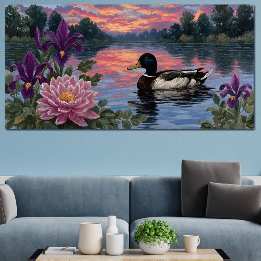 tablou canvas cu o rata plutind pe lac la apus, inconjurata de irisi mov si nuferi roz, pe fundal in stil pictural 