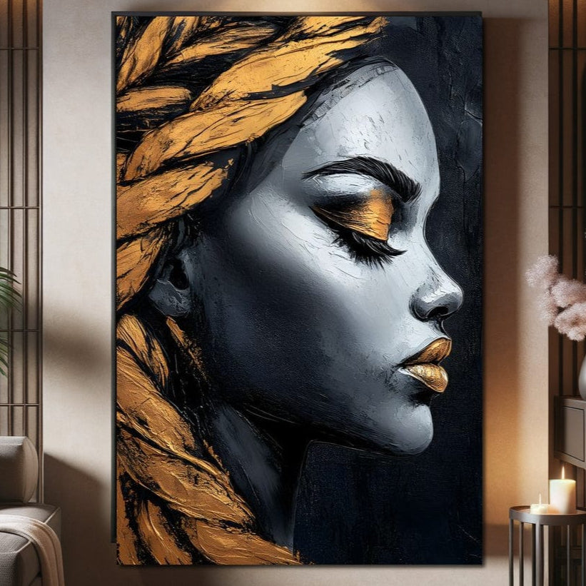 Tablou Canvas Premium, LuxCanva® G1146, Femeia cu Profil de Aur, Arta, Moderna, Pictura, Contemporan, Auriu, Modern, Alb, Negru, Eleganta, Impletitura, Birou, Living