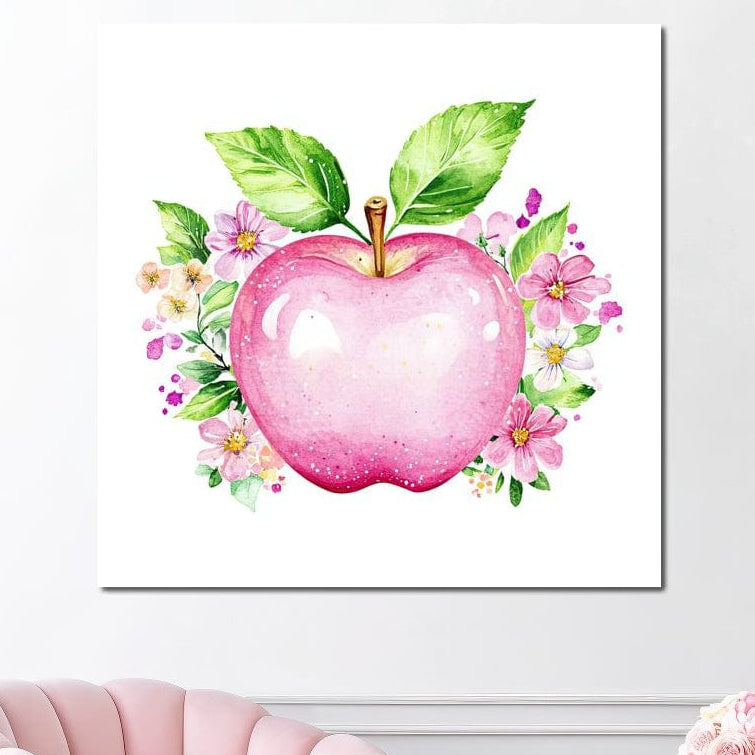 Tablou Canvas Premium LuxCanva® N1047 - "Marul Fermecat": un măr roz strălucitor cu frunze verzi și flori roz-mov pe pânză de bumbac, perfect pentru bucătărie, restaurant sau living. Design elegant, inspirat din natură.