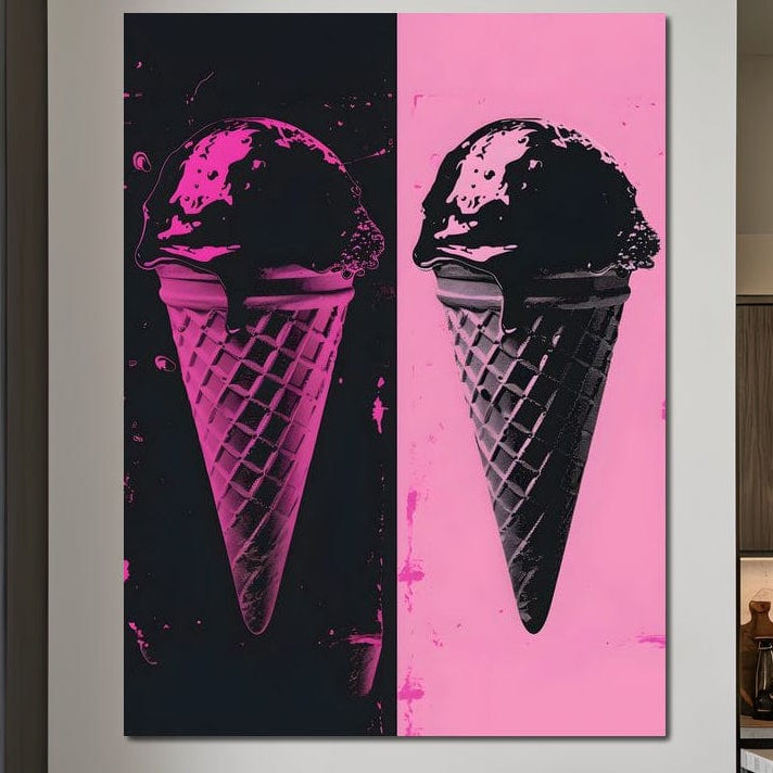 tablou canvas cu doua conuri cu inghetata, redate nuante vibrante de roz si negru