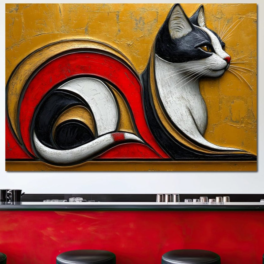 tablou canvas cu o pisica redata in linii curbe abstracte, pe tonuri calde de auriu si rosu