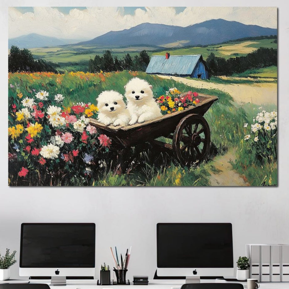 tablou canvas cu doi catelusi albi intr-o roaba plina cu flori, pe fundal idilic de campuri verzi si munti 