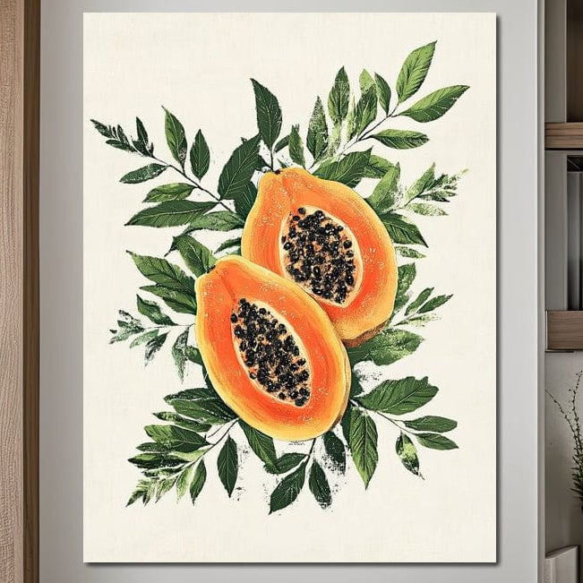 tablou canvas cu doua jumatati de papaya, cu frunze pe fundal alb