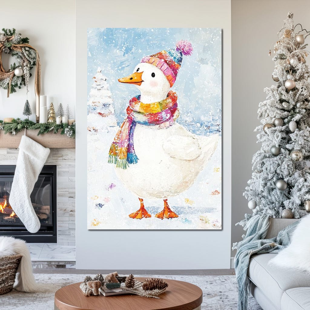 Tablou Canvas Premium LuxCanva® D1048, Rata Vesela in Straie de Iarna , Rata, Iarna, Fular, Zambet, Caciula, Living Room, Culori vibrante