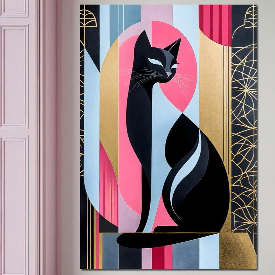 tablou canvas cu silueta unei pisici redata abstract si elegant in linii multicolore, pe fundal cu forme geometrice colorate