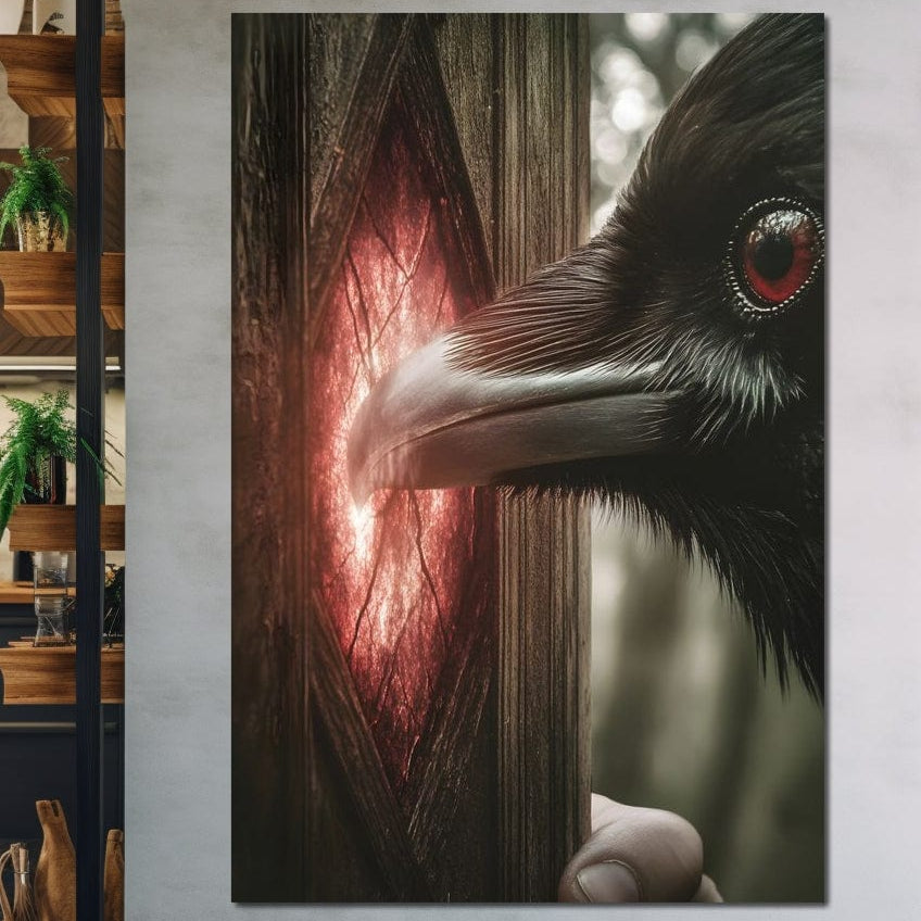 tablou canvas cu un corb negru cu ochii rosii privind intr-o fereastra luminoasa in lemn, surprins intr-un cadru misterios si magic
