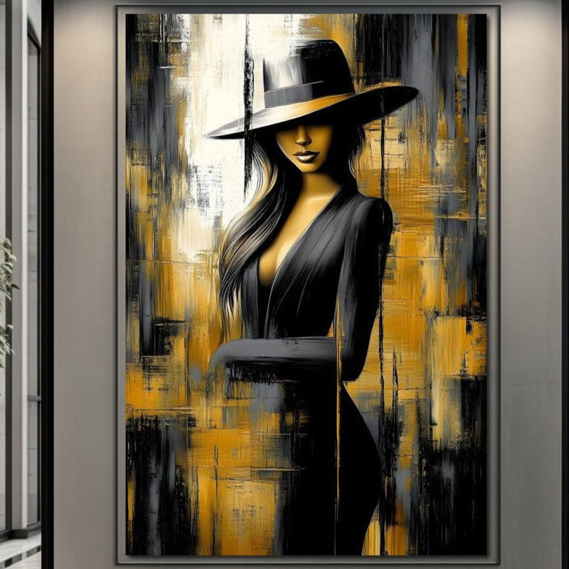 Tablou Canvas Premium, LuxCanva® G1173, Trecatoare prin Lumina, Oras, Necunoscuta, Boruri, Palarie, Silueta, Feminina, Auriu, Conceptual, Estetica, Cinematografic, Birou, Living, Dormitor