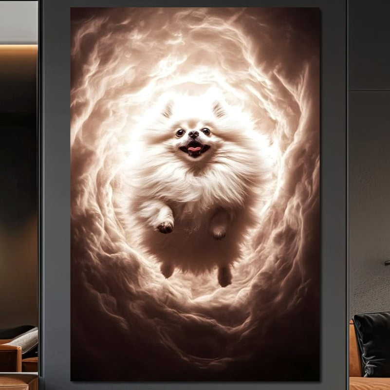 tablou canvas cu un caine pomeranian alb in saritura printr-un vortex eteric de lumina si texturi vaporoase