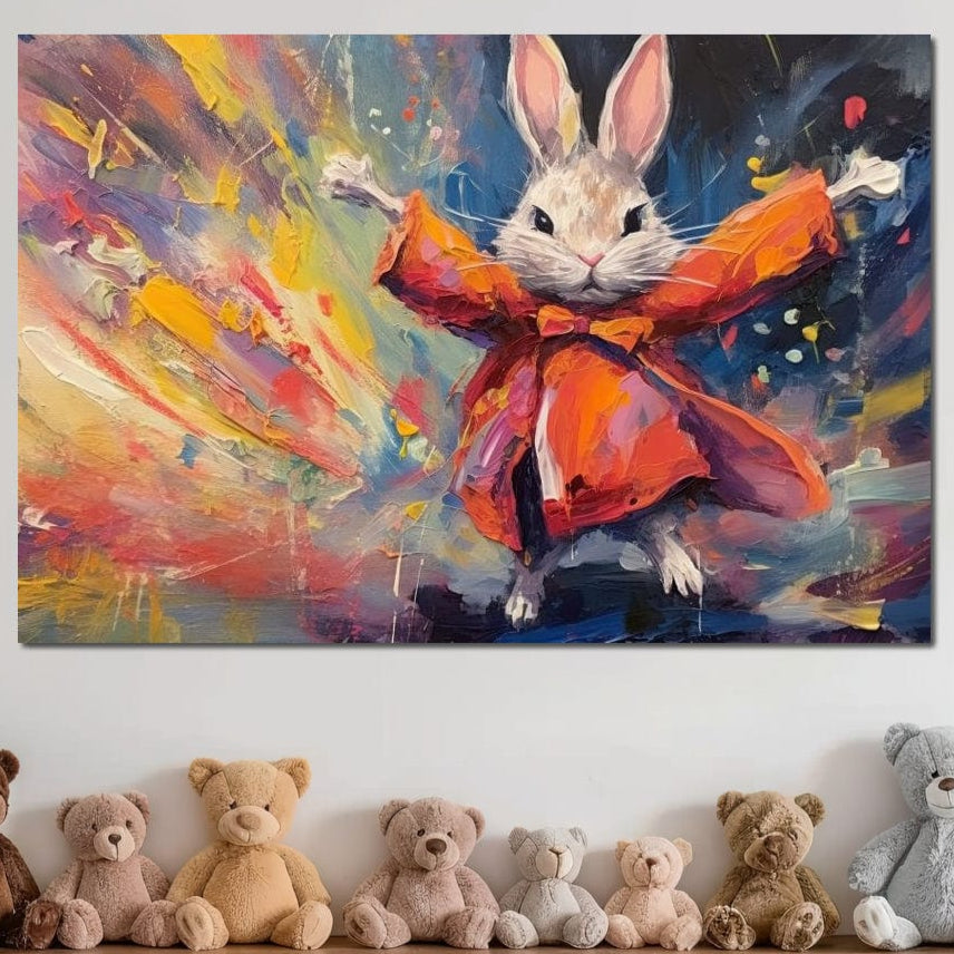 Tablou Canvas Premium, LuxCanva® K1004, Iepurasul Curajos, Dansator, Aventura, Colorat, Magician, Blanita, Saritura, Simpatic, Veselie, Miscare, Fermecat, Camera Copii