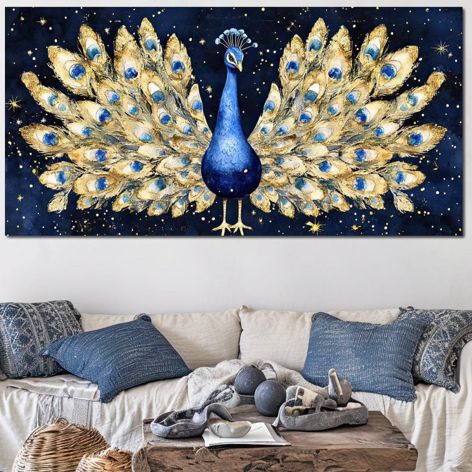 tablou canvas cu un paun elegant cu pene aurii, pe fundal albastru inchis si instelat