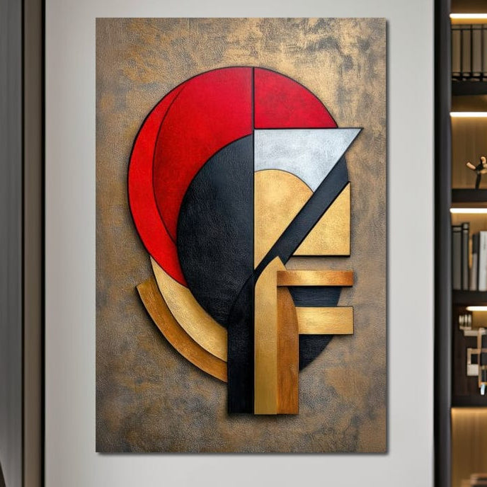 Tablou Canvas Premium, LuxCanva® J1001, Chip Fragmentat, Chip, Stilizat, Forme, Suprapus, Rosu. Galben, Echilibru, Disociere, Arta, Expozitie, Artist, Living, Dormitor