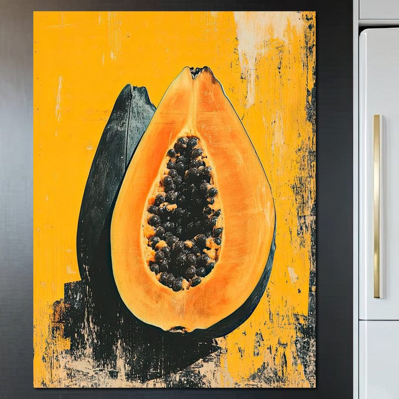 Adăugați energie vibrantă bucătăriei sau restaurantului dvs. cu LuxCanva® Tablou Canvas Premium N1147, "Gigantul Papaya" - o pictură exotică, delicioasă de papaya pentru cei care caută calitate premium în tablouri canvas.