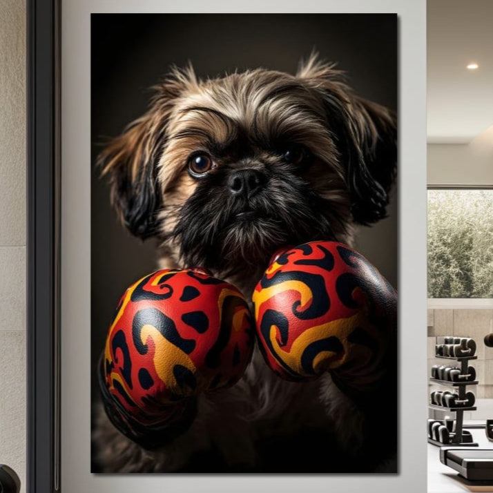 tablou canvas cu un catel pufos purtand manusi de box colorate abstract in tonuri aprinse