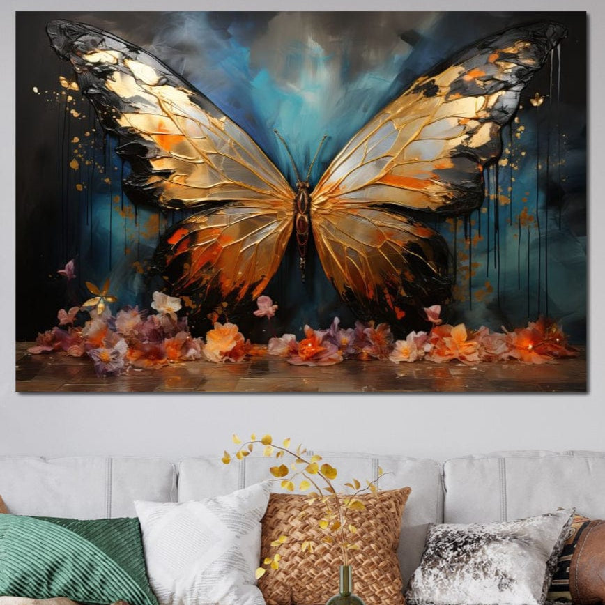 tablou canvas cu un fluture auriu cu aripi conturate in accente de negru si inconjurat de flori colorate, pe fundal albastru fumuriu