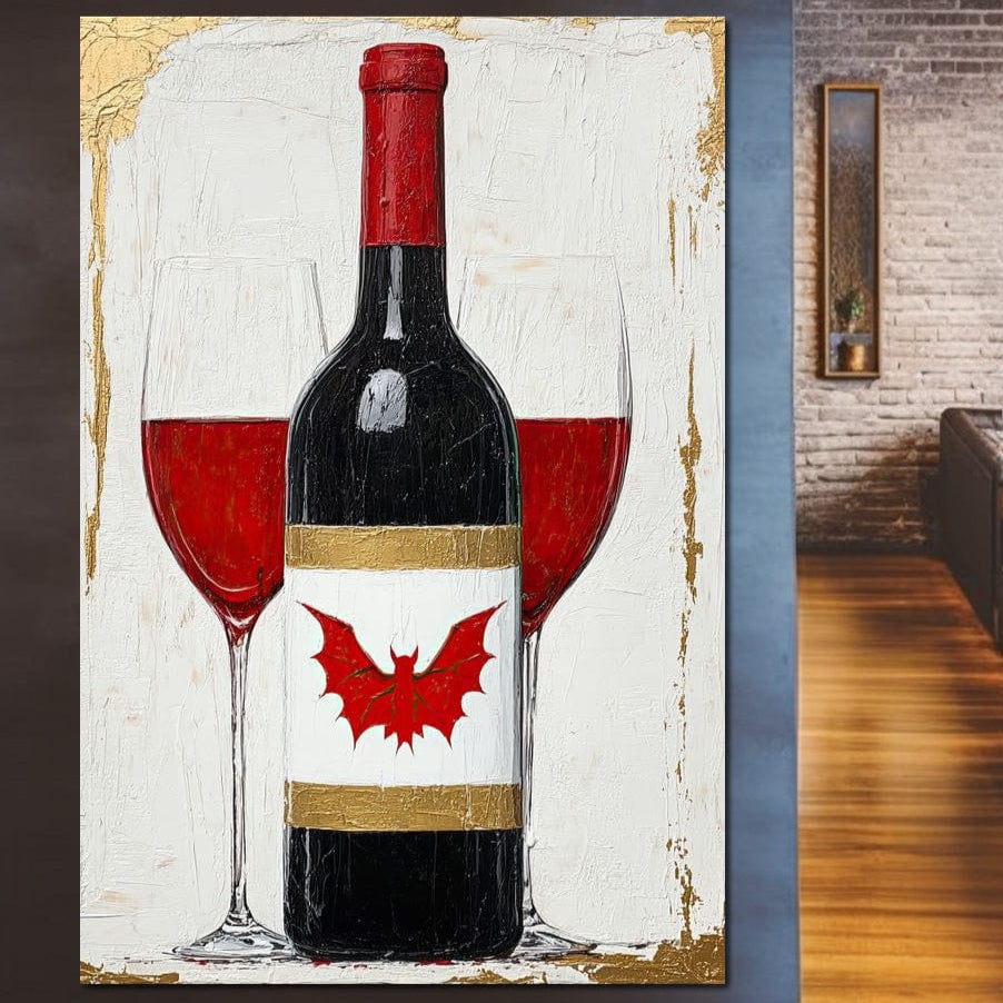 tablou canvas cu o sticla de vin rosu, cu eticheta aurie si alba, cu un liliac rosu, langa doua pahare pe fundal deschis cu accente aurii